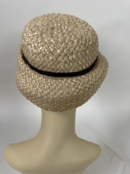 Vintage 1950\'s Beige Straw Womens Hat With Black Accent Woven Design Mid-Century